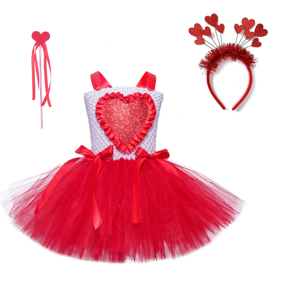 New Valentine's Day Girls Tutu Dress Princess Baby Birthday Cake Smash Tulle Dress Summer Love Heart Kids Carnival Party Dresses