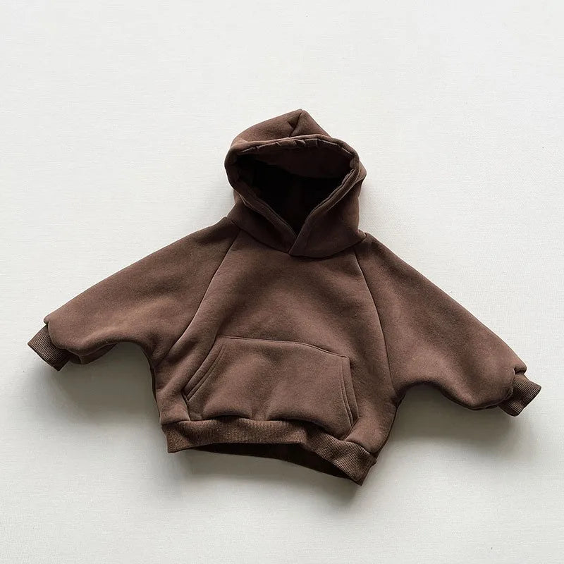 2024 Winter Fleece Solid Hoodies Baby Boys Casual Loose Pocket All-match Hooded Top Girls Simple Thick Pullover Cotton Clothes