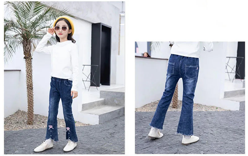 2024 New Autumn Elastic Kids Jeans Girls Cute Leisure Bow Denim Blue Children Flared Pants teenage Girl Clothes Trousers 3-12Y