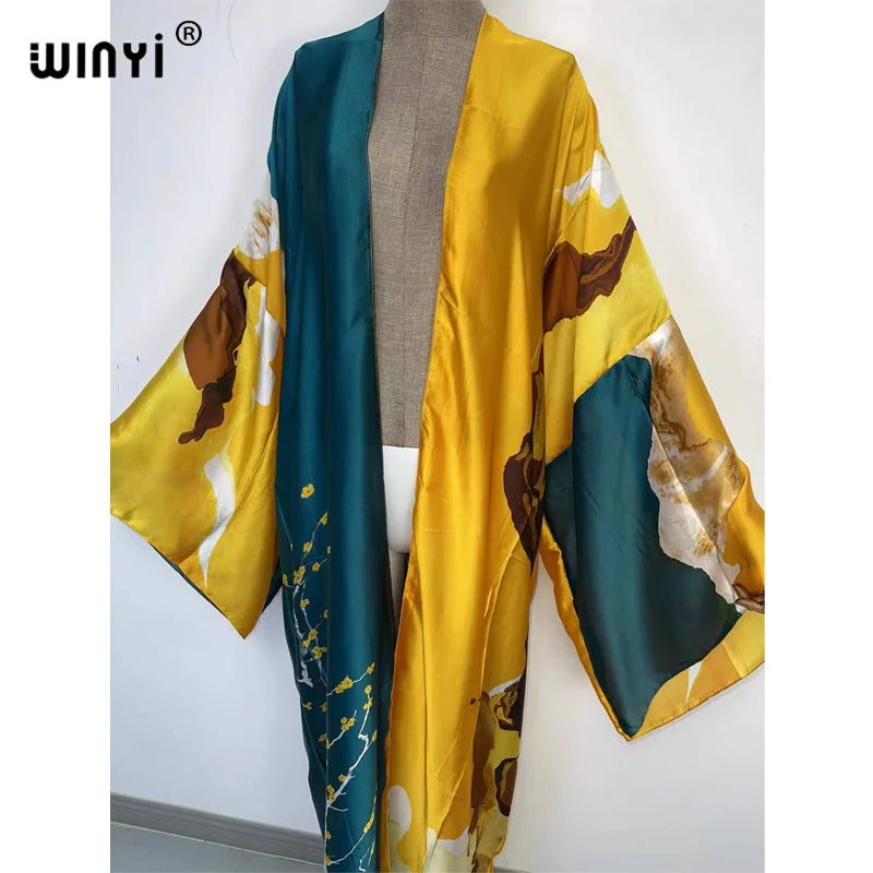 Kimonos verano Women sukienka Print Long Sleeve Cardigan Female Blouse Loose Casual beach Cover Up boho dress party kaftan