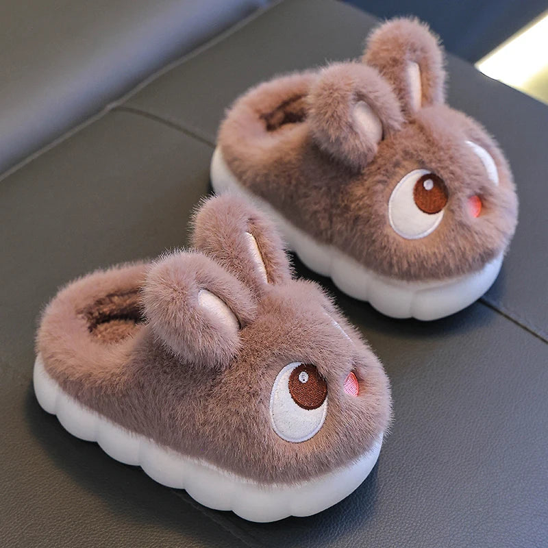 New Winter Cute Big eyed Rabbit Children's Waterproof Warm Non-slip Fluffy Slippers For Girls Boys Kids Indoor Home Cotton Shoes