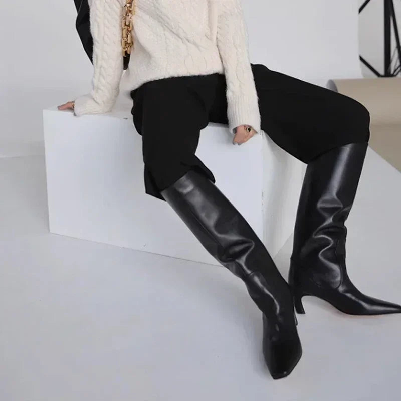 JOZHAMTA Size 34-43 Women Knee Boots Real Leather Wide Calf Fall Winter Shoes 2025 Kitten High Heels Long Tall Boot Casual Dress