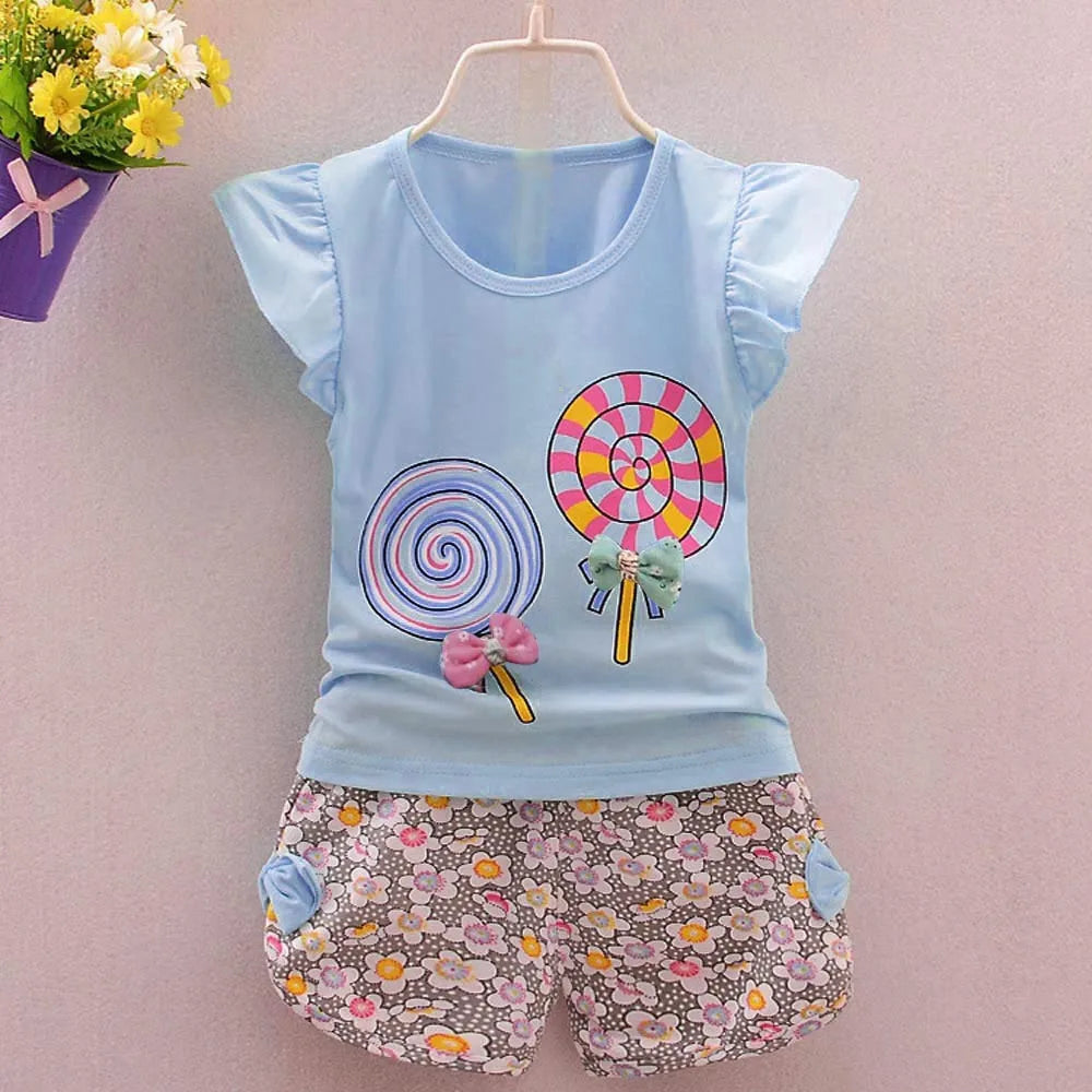 2 Piece Set For Toddler Girl 1~4 Years Children'S Clothing Kids Baby Girls Outfits Lolly T-Shirt Tops+Short Clothes Set 2t 3t 4t