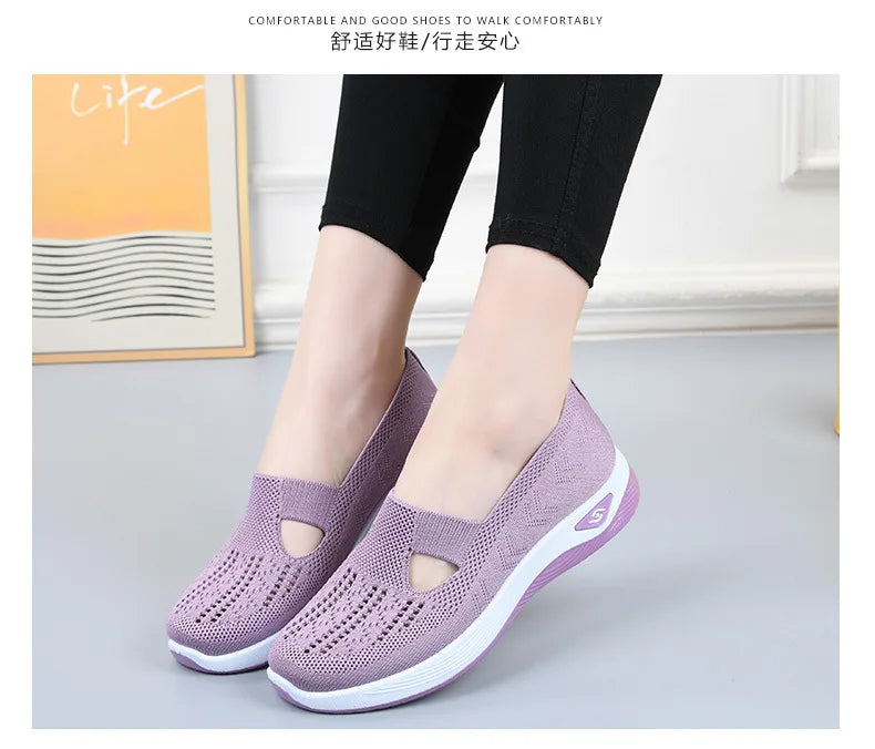 Women's New Summer Shoes Mesh Breathable Sneakers Light Slip on Flat Platform Casual Shoes Ladies Anti-slip Walking Woven Shoes