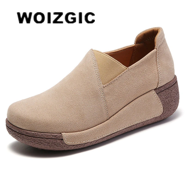 WOIZGIC Women Mother Female Genuine Leather Shoes Platform Flats Loafers Slip On Korean Plus Size 41 42 Vulcanized Shoes