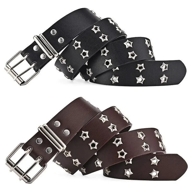 New Star Eye Rivet Belt Goth Style Double Pin Buckle Man/woman Fashion Casual Punk Style Pu Leather Waistband for Jeans Y2K Belt