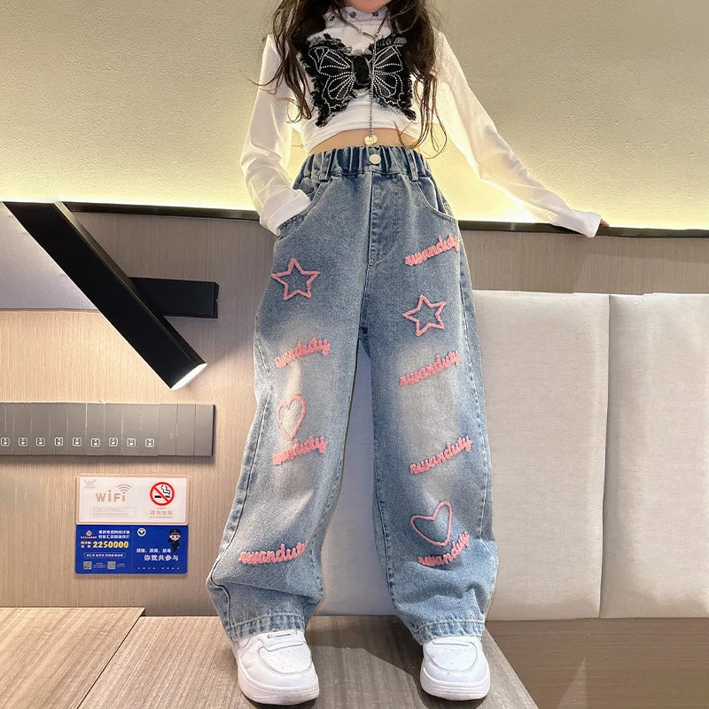 Girls School Wide Leg Pants with Heart Star Design Casual Loose 2024 Kids Fashion Long Jeans Children Korean Style Trousers