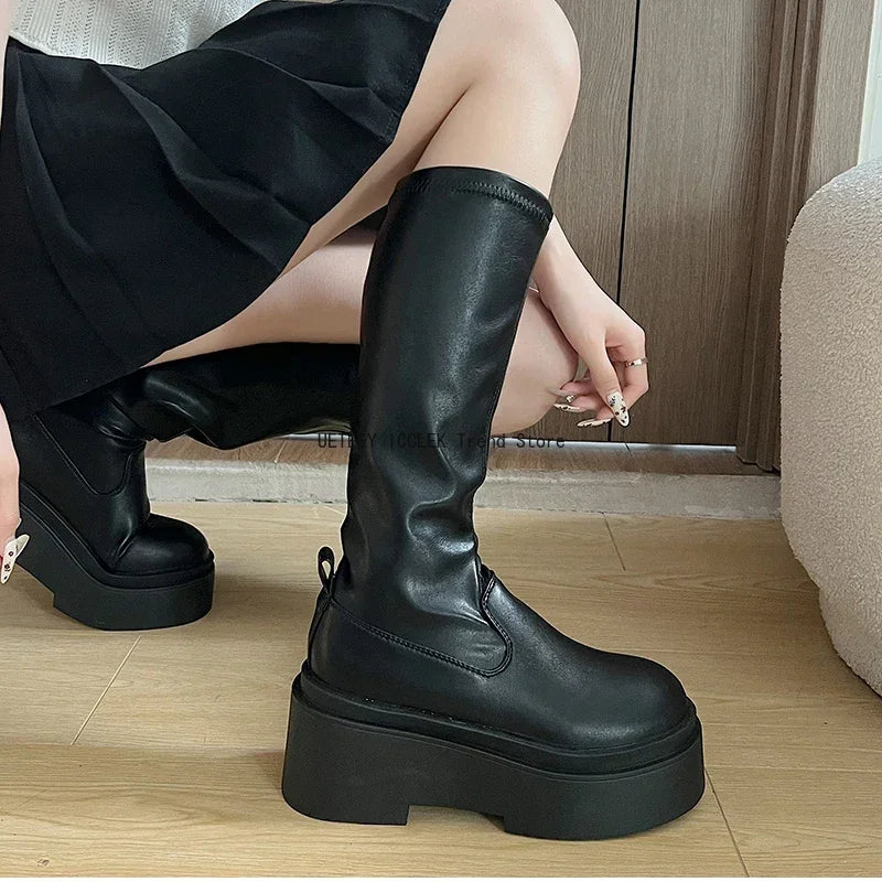 Chunky Women Knee High Boots Fashion Slip On Knight Long Booties Platform Flats Autumn Winter Shoes