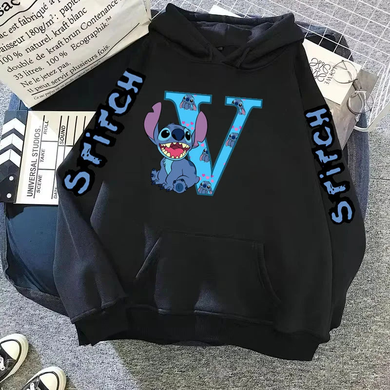 2024 Women's Winter Jacket Cute Kawaii Disney Lilo & Stitch Lucky Letter Print Black Hoodie Fashion Couple Streetwear Sportswear