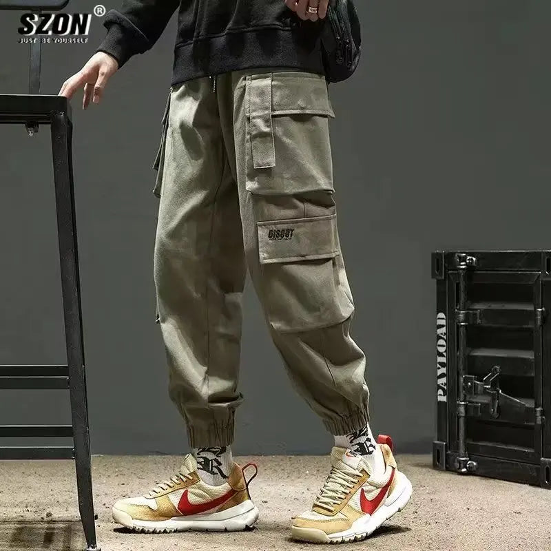 Men's Cargo Pants Casual Hip Hop Hit Color Multiple Pockets Trousers Streetwear Ribbons Techwear Sweatpants