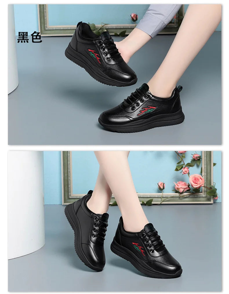 White Breathable Comfort Women's Sports Shoes Outdoor Walking Flats Spring Anti-slip Soft Leather Soft Bottom Casual Sneaker