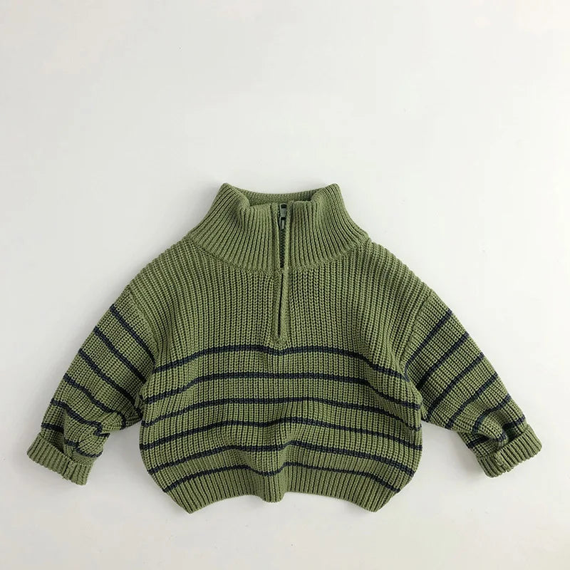 MILANCEL Autumn Stand Collar Kids Clothes Jacket Sweaters Classic Striped Boys Sweater Half Zipper Girls Knit Pullover Tops