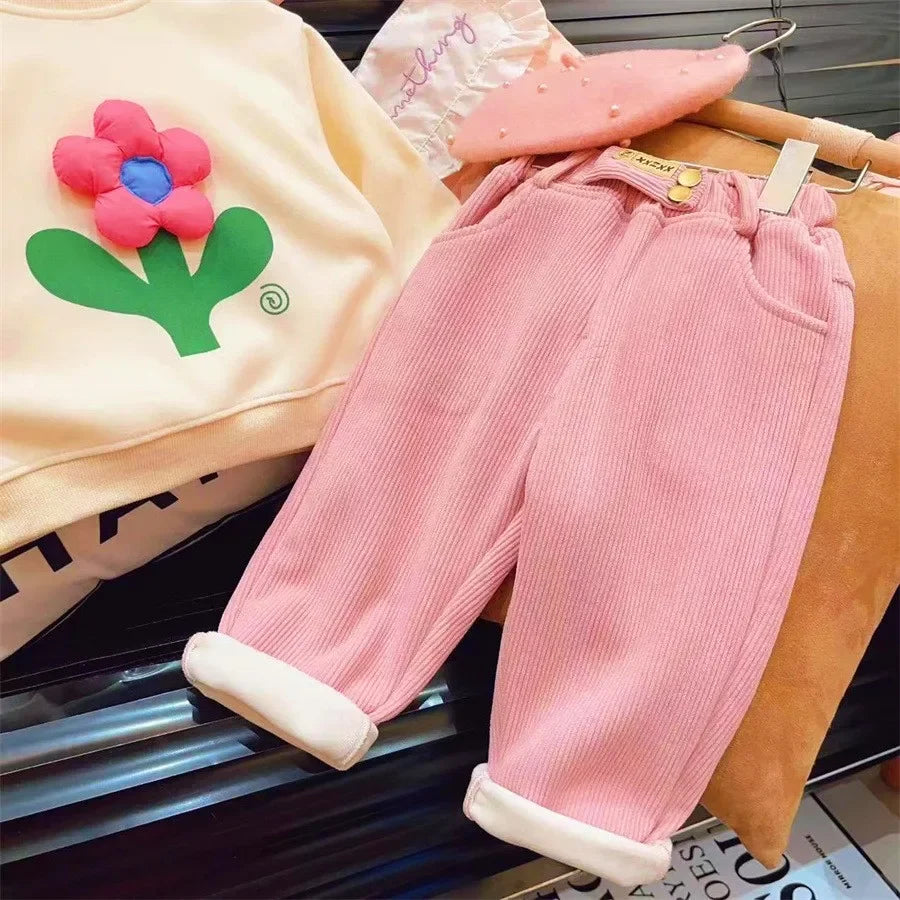 Kids Warm Pants Boy Girls Autumn Winter Corduroy Thick Outer Wear Sports Trousers 3-10Y Children Clothes Casual High Waist Pants