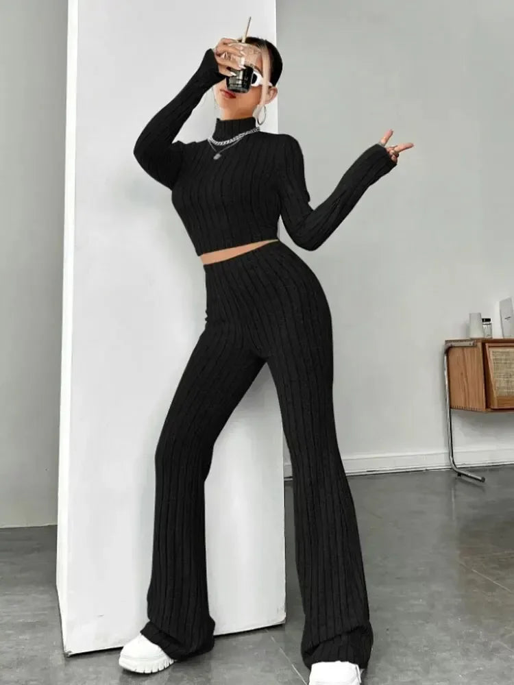 Women Fashion Solid Color Streetwear Autumn Winter Elegant Round Neck Tops Loose Pants Suit Casual Holiday Sport Two Piece Sets