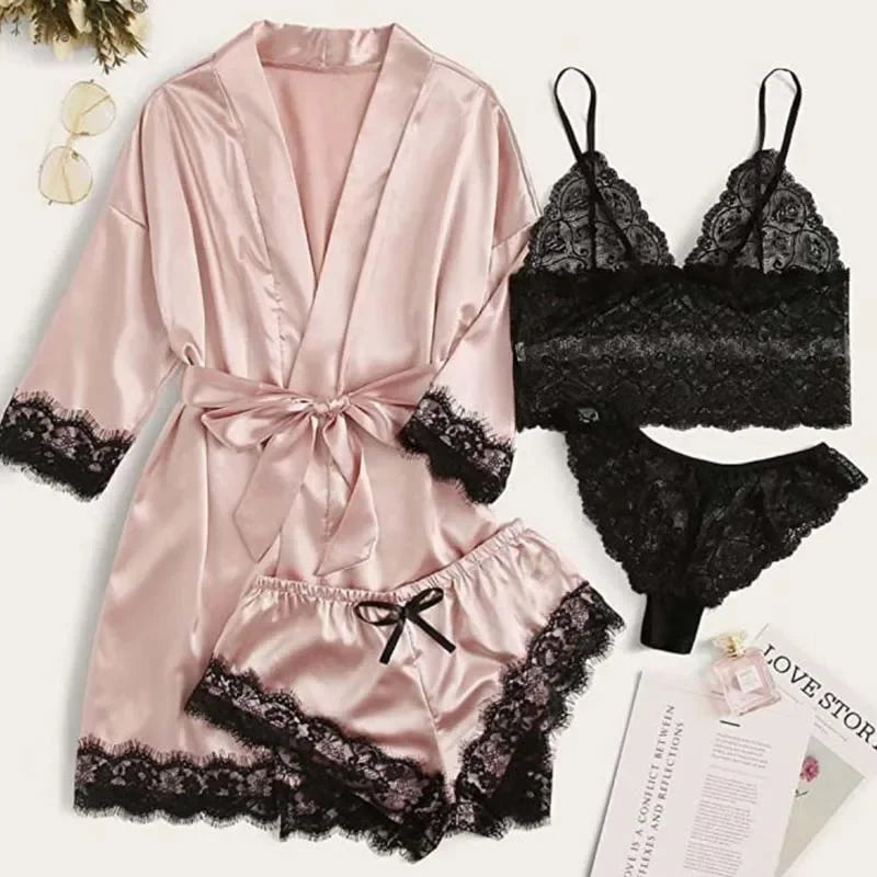 4 Pieces Woman Sleepwear Pajamas Ser With Robe Sexy Lace Lingerie Bathrobe Silk Satin Home Clothed Nightwear Robe