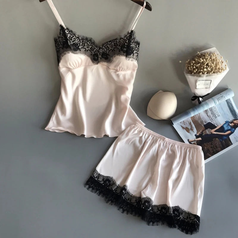 Suspenders pajama Women's Summer Sexy Ice Silk Lace Two Piece Set Home Clothes Thin Shorts V-neck Suspenders