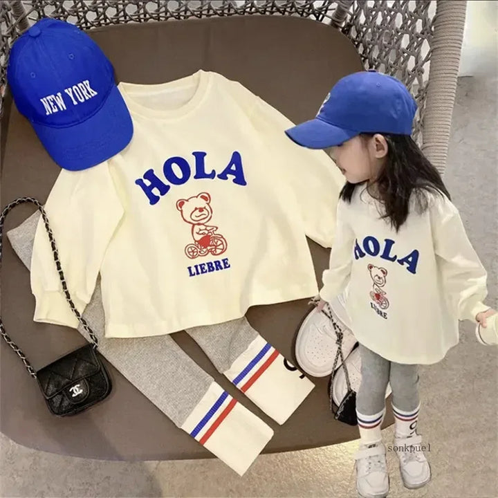 2024 Autumn Children's Fashionable Sports Set Baby Girl Sweater + Leggings Two-piece Sets Girl Toddler Cartoon Alphabet Clothing