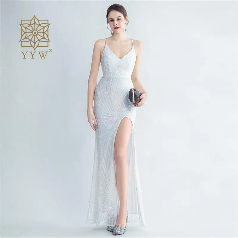 Backless Sexy Adjust Spaghetti Strap Women Mermaid Dress Evening Sequin Maxi Gala Gowns Celebration Formal Banquet Robe Wedding