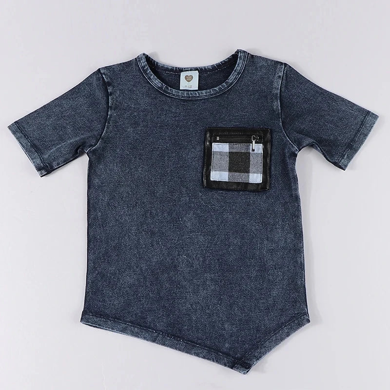 2Y-16Y AA-Toddler Boy Girls Pocket Patch T-shirt Summer Spring Cotton Tee Asymmetrical Tops Outfit Casual Family Matching Cloth