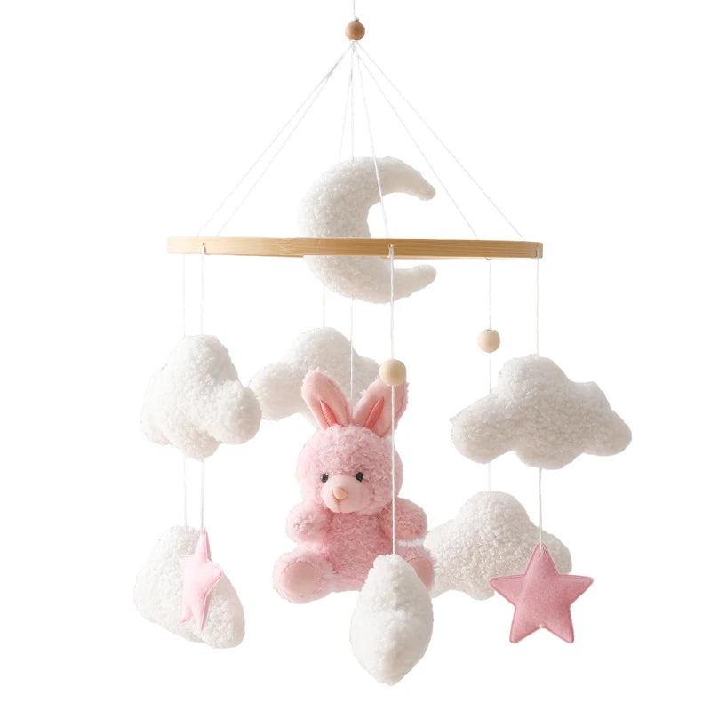 Baby Wooden Bed Bell Mobile Hanging Rattle Toys Teddy Velvet Bear Rabbit Doll Toy Newborn Music Hanger Crib Mobile Bracket Gifts