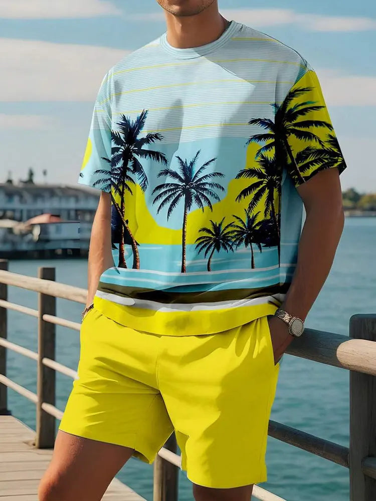 Summer Men's 2 Piece Set Hawaiian Fashion Casual Men's T-shirt Outdoor Beach Men's Shorts Palm Tree Print O-neck Short Sleeves