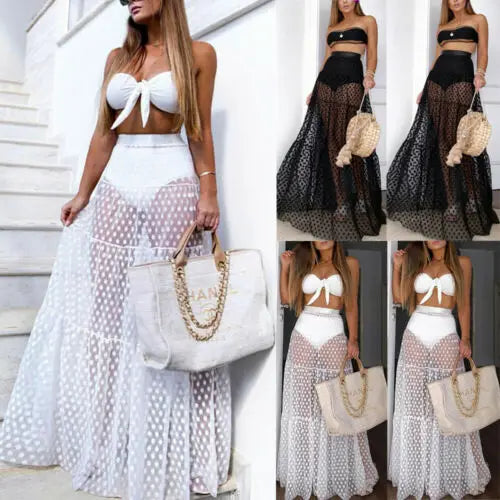 Women Summer Bikini Cover Ups Polka Dot Mesh Sheer High Waist Long Skirt See Through Beach Tulle Wrap Skirt Swimwear Swimsuit