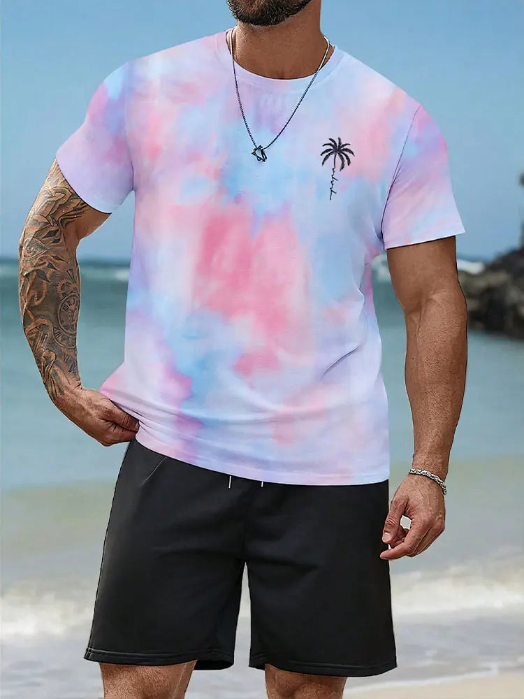 Summer Men's 2 Piece Set Hawaiian Fashion Casual Men's T-shirt Outdoor Beach Men's Shorts Palm Tree Print O-neck Short Sleeves