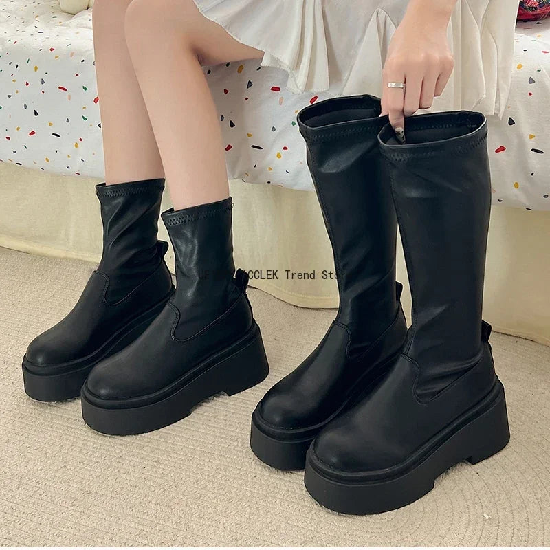 Chunky Women Knee High Boots Fashion Slip On Knight Long Booties Platform Flats Autumn Winter Shoes