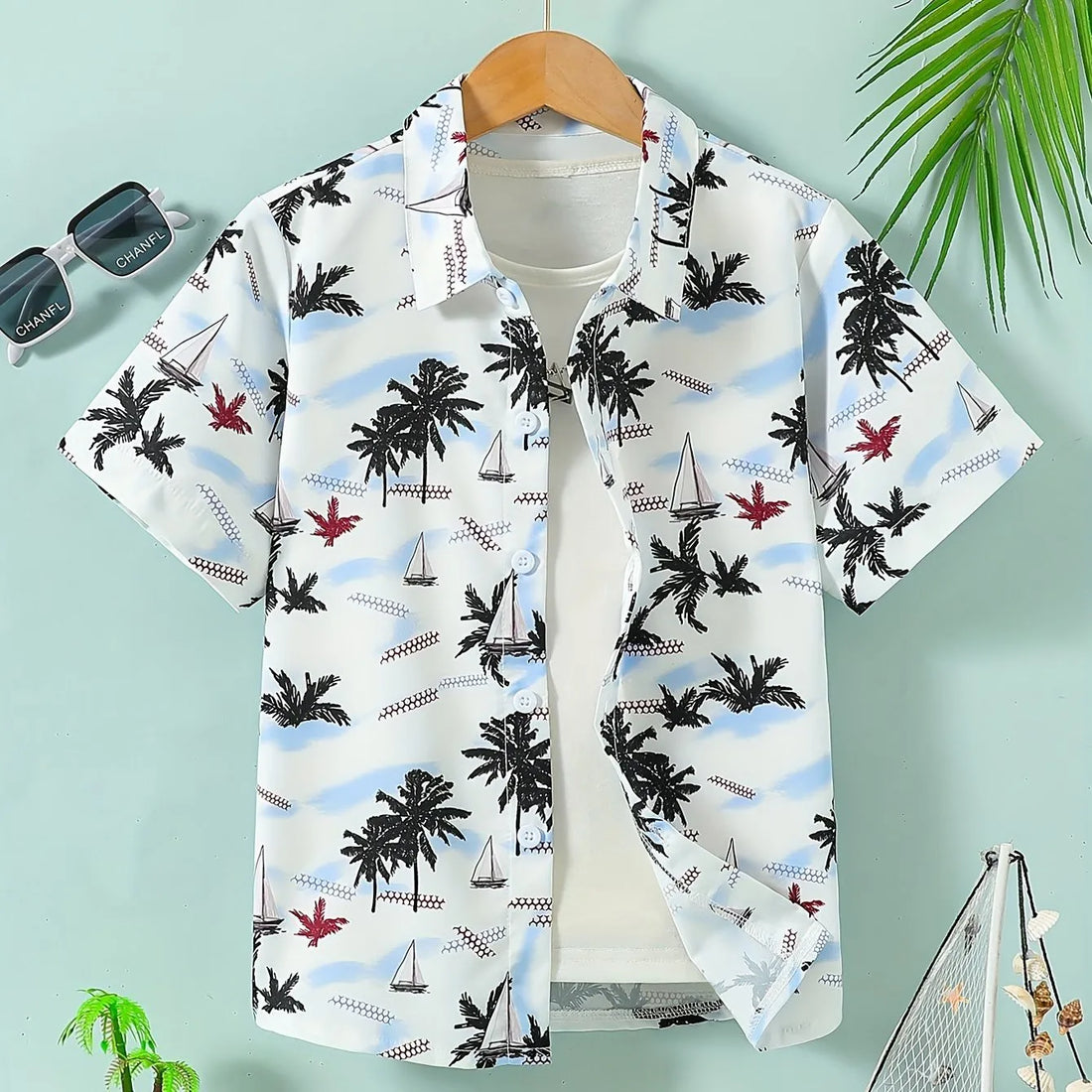 Casual Shirt Boy Beach Tropical Leaves and Coconut Tree Print Shirt Top Boys Creative Short Sleeve Shirt Lapel Tops Boys Clothes