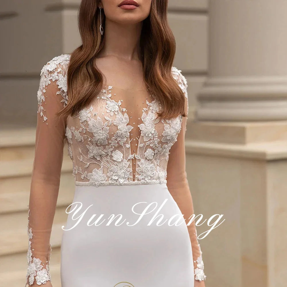 Yunshang Elegant Mermaid Wedding Dresses Lace V-Neck Long Sleeve Beading Bridal Gown Sweep Train Vestidos De Novia Customized