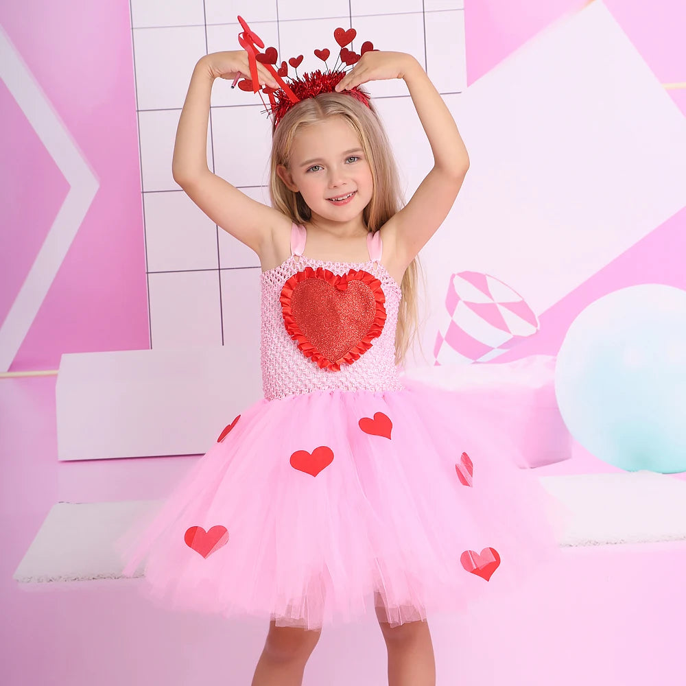 New Valentine's Day Girls Tutu Dress Princess Baby Birthday Cake Smash Tulle Dress Summer Love Heart Kids Carnival Party Dresses