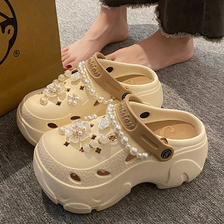 Pearl Chain Chunky Platform Sandals for Women 2024 Summer Thick Sole Beach Sandals Woman Flowers Non Slip EVA Clogs Garden Shoes