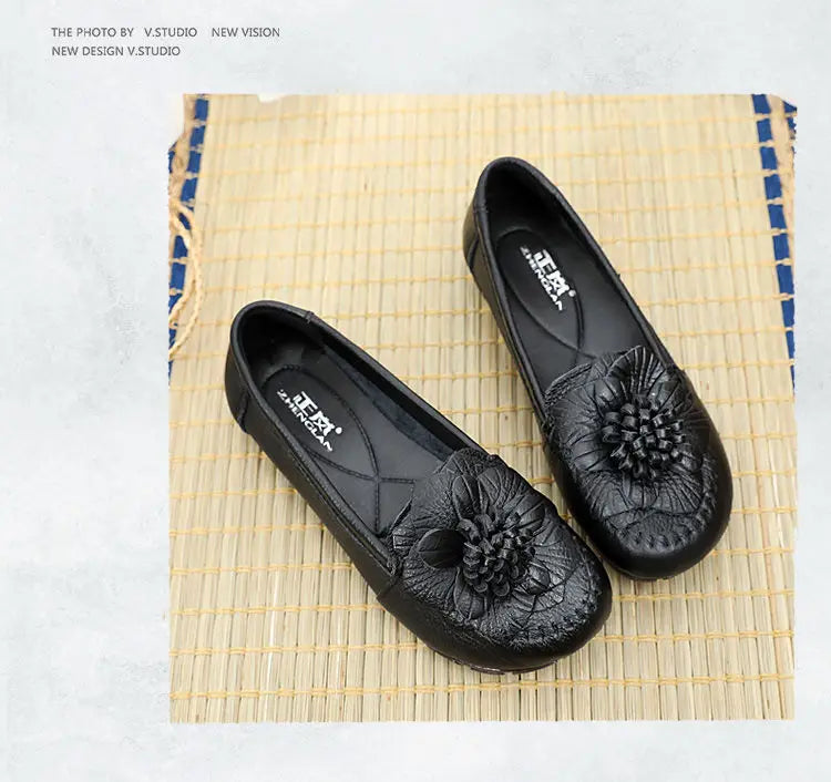 Women Concise Flower Flats Black Shoes Spring Flats Female Genuine Leather Shoes 2020 Superstar Oxfrod Shoes Women Loafer