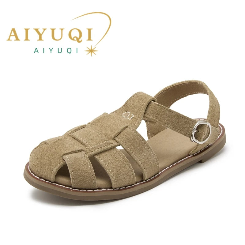 AIYUQI Flat-soled Retro Genuine Leather Hollow Baotou Sandals Women's 2024 New Hollow Pig Cage Women's Sandals