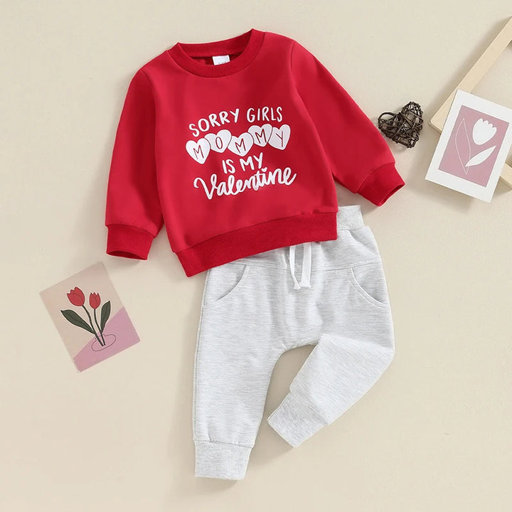 Toddler Valentine s Day Clothing Set with Heart Print Long Sleeve Top and Elastic Waist Pants for Baby Boy s Fall Outfits