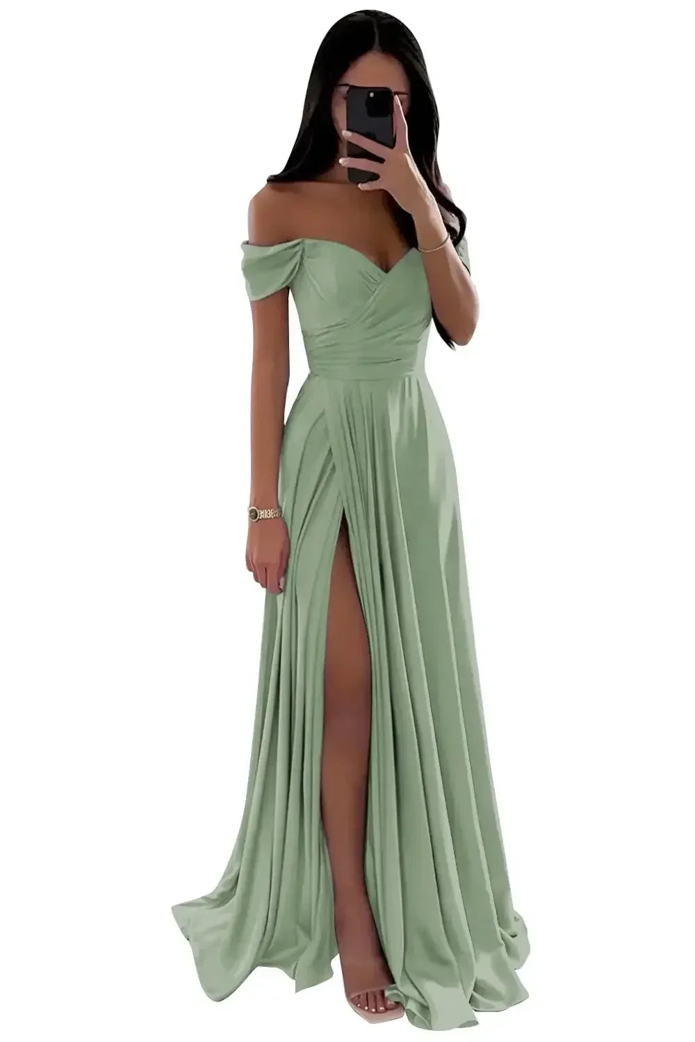 GDYBAO Women's Off The Shoulder Bridesmaid Dresses for Wedding Slit Long Pleated Satin Prom Dress Customized A-Line Evening Gown