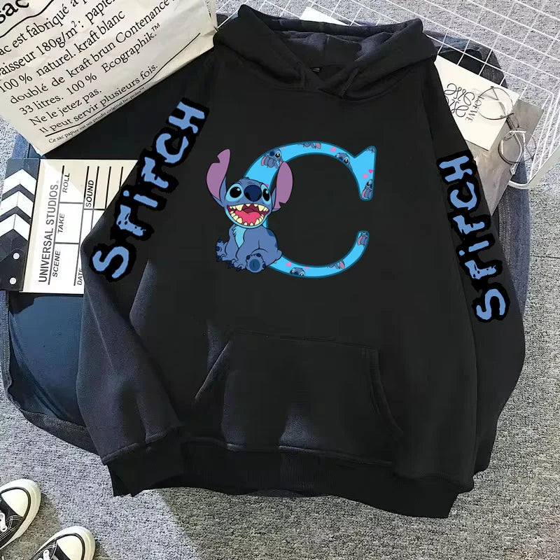 2024 Women's Winter Jacket Cute Kawaii Disney Lilo & Stitch Lucky Letter Print Black Hoodie Fashion Couple Streetwear Sportswear