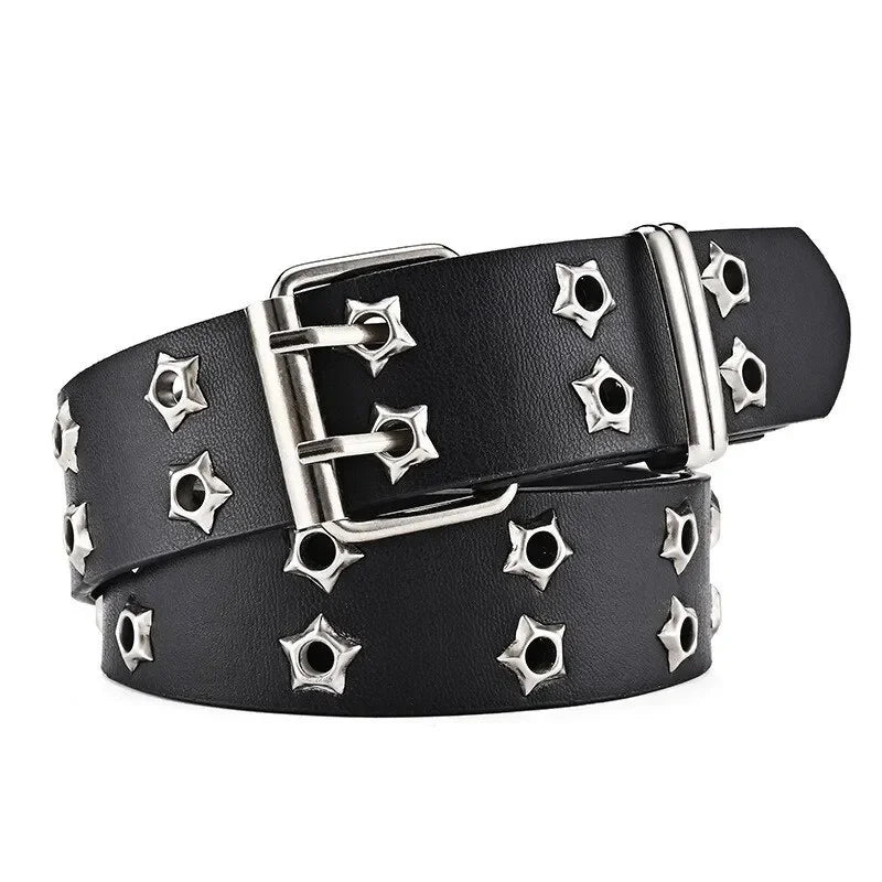 New Star Eye Rivet Belt Goth Style Double Pin Buckle Man/woman Fashion Casual Punk Style Pu Leather Waistband for Jeans Y2K Belt