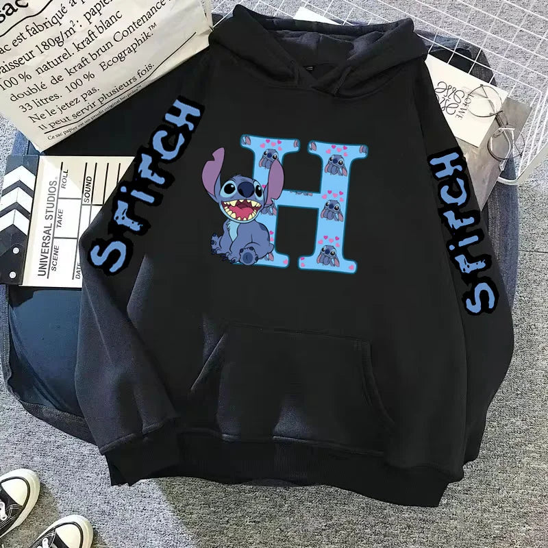 2024 Women's Winter Jacket Cute Kawaii Disney Lilo & Stitch Lucky Letter Print Black Hoodie Fashion Couple Streetwear Sportswear