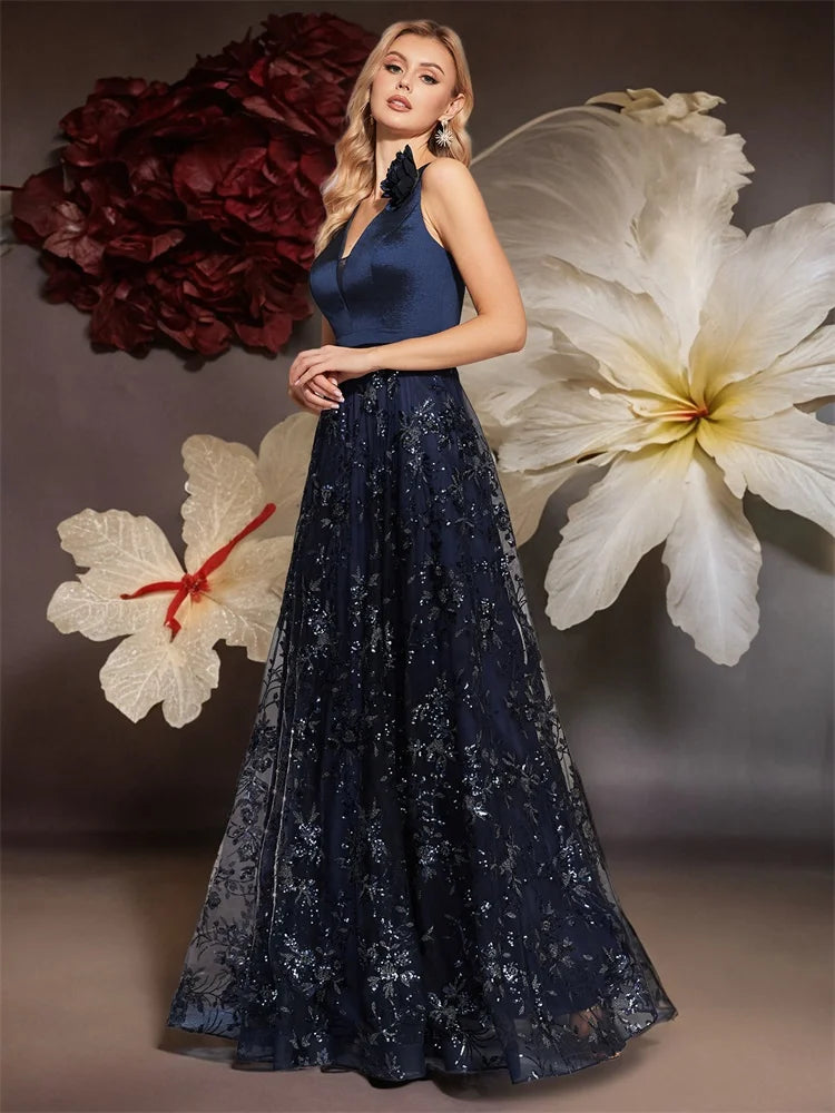 Lucyinlove Elegant V-Neck Blue Floral Evening Dress Long 2024 Luxury Women Chiffon Sleevesless Party Dress Prom Cocktail Dress