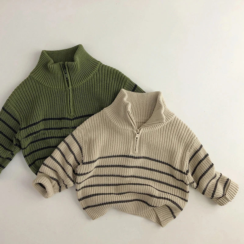 MILANCEL Autumn Stand Collar Kids Clothes Jacket Sweaters Classic Striped Boys Sweater Half Zipper Girls Knit Pullover Tops