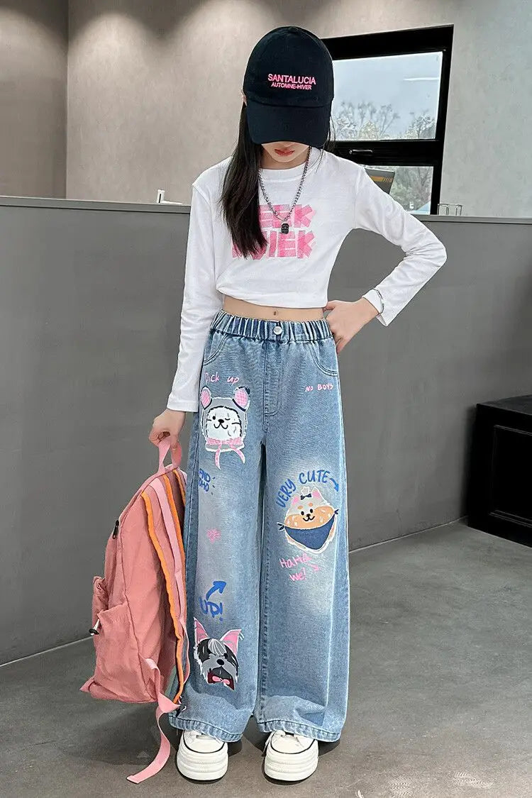 2024 Cartoon Fashion Pattern Jeans for Girl Loose Straight Denim Pants Lovely Print Kids Spring Autumn Korea Style Long Trousers