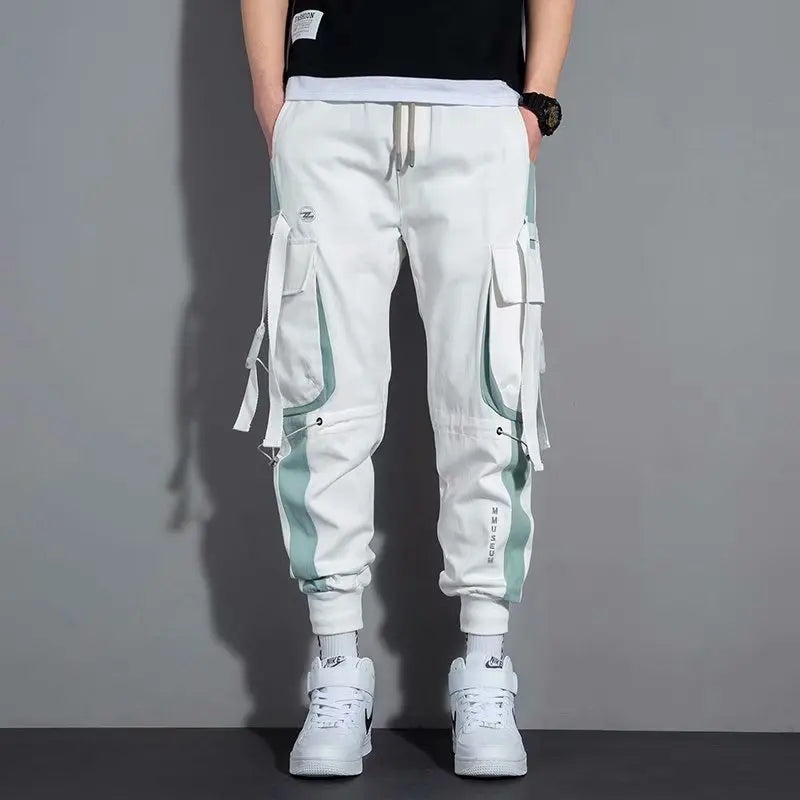 Men's Cargo Pants Casual Hip Hop Hit Color Multiple Pockets Trousers Streetwear Ribbons Techwear Sweatpants