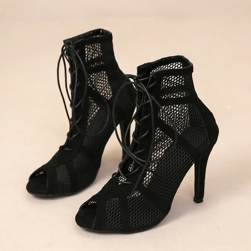 Sexy High Heels Hollow Mesh Sandals Women Summer Cross-tied Peep Toe Heeled Sandals Ankle Strap Dance Shoes Black Net Sandals