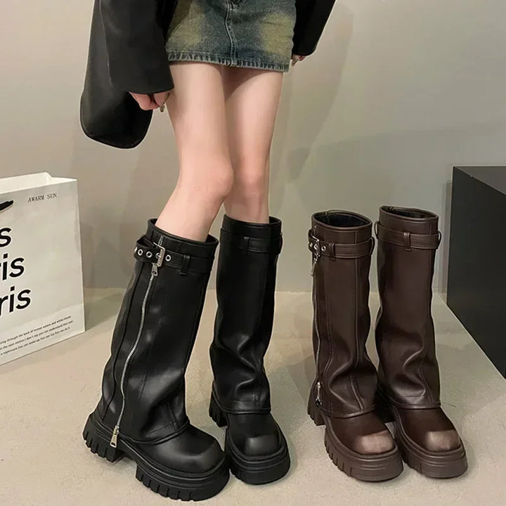 Winter Women Biker Boots Fashion Belt Buckle Ladies Elegant Platform Long Pipe Booties Casual Women's Knee High Booties