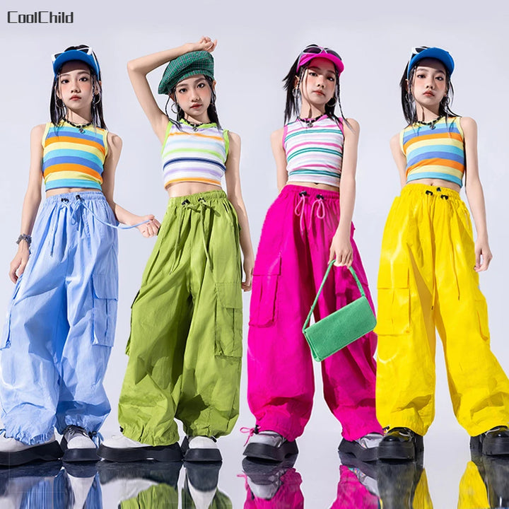 Girls Hip Hop Rainbow Striped Crop Tank Top Colorful Cargo Pants Kids Street Dance Jazz Costumes Children Streetwear Clothes Set