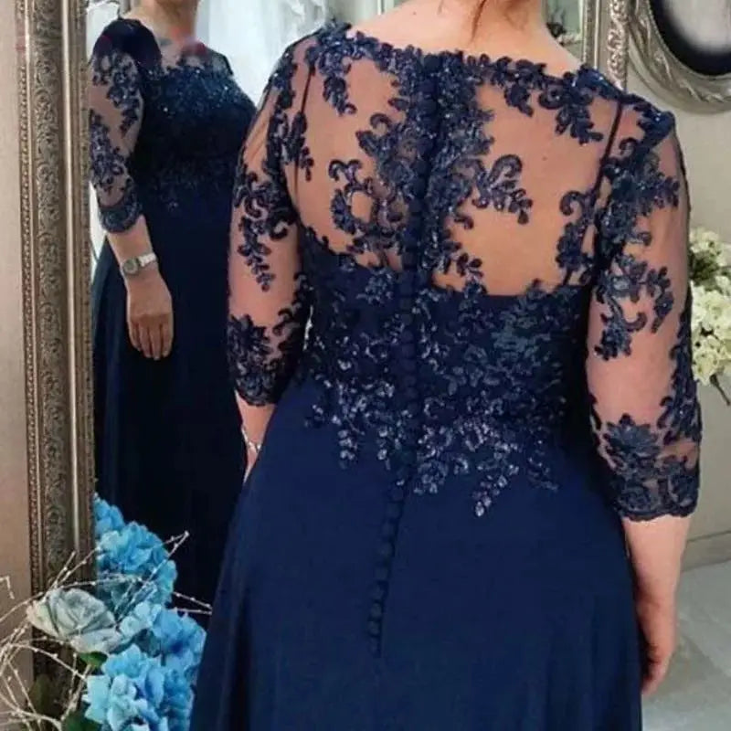 Customized Navy Blue Elegant Mother of the Bride Dress Chiffon 3/4 Sleeves Appliques Long Groom Mother Dresses for Wedding Party