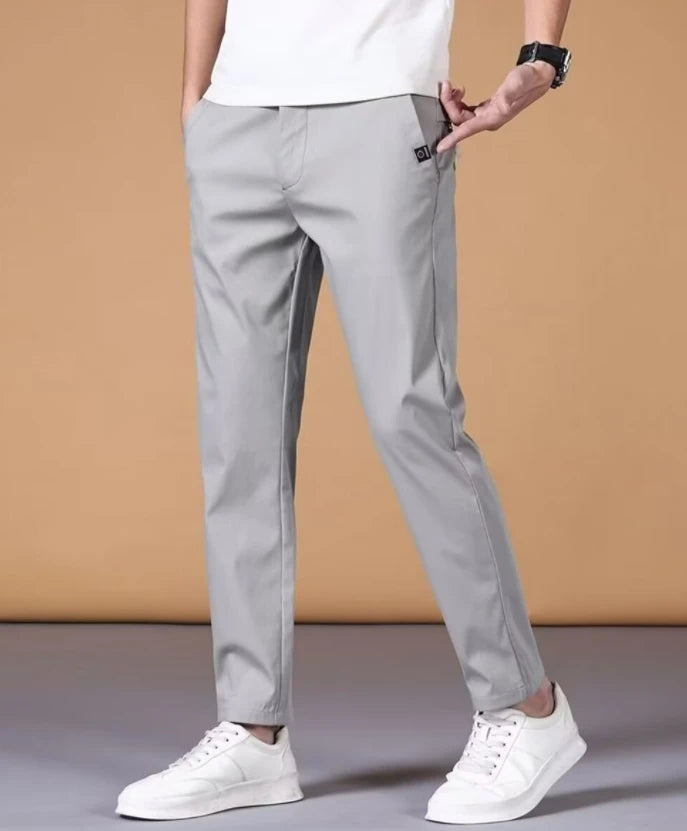 Men's casual pants, semi elastic waistband, nylon ice silk elastic straight tube, light gray, business gentleman, summer casual