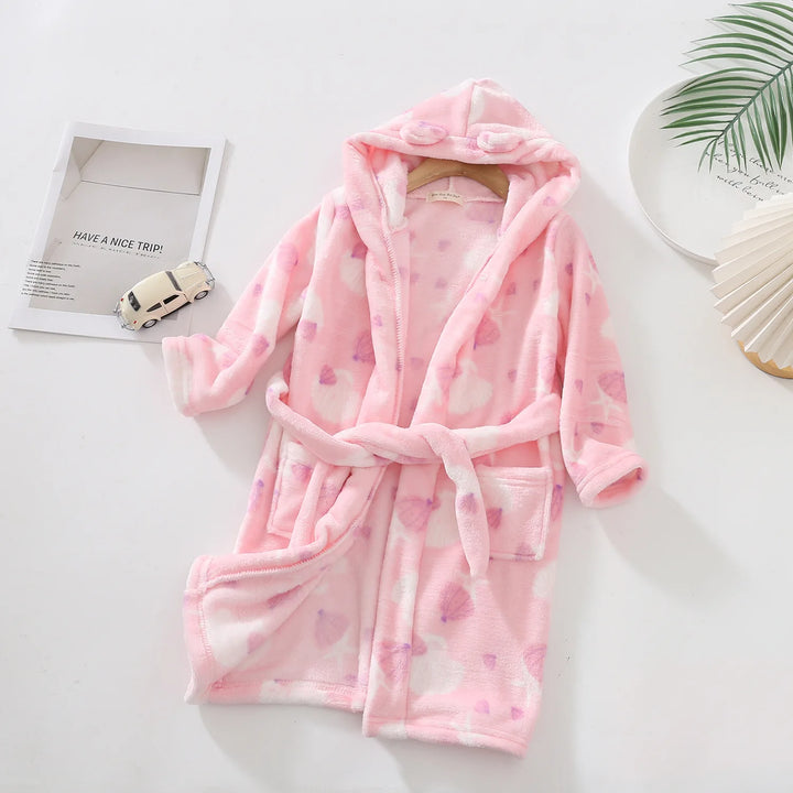 New Autumn Winter Kids Hooded Flannel Bathrobe Baby Bath Robes Boys Girls Cute Cartoon Soft Warm Pajamas Long Sleeve Towel Robe