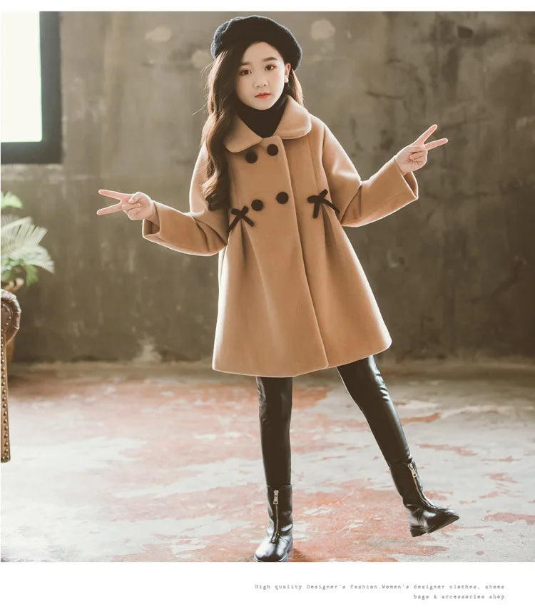 New Winter Teenager Girls Long Jackets Toddler Kids Outerwear Clothes Casual Children Keep Warm Woolen Trench Coat 3-12 Years